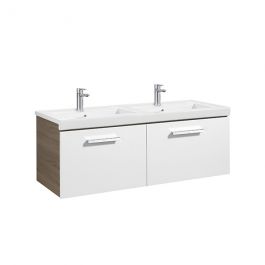 Meuble Unik PRISMA 1200 - 2 tiroirs + lavabo double - Blanc / Frêne - Roca
