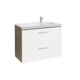 Meuble Unik PRISMA 900 - 2 tiroirs + lavabo à gauche - Blanc / Frêne - Roca