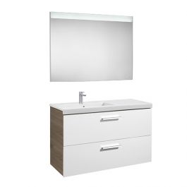 Pack Unik PRISMA 1100 meuble 2 tiroirs lavabo à gauche miroir LED- Blanc / Frêne