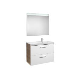 Pack Unik PRISMA 900 meuble 2 tiroirs lavabo à droite miroir LED - Blanc / Frêne - Roca