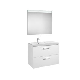 Pack Unik PRISMA 900 meuble 2 tiroirs lavabo à gauche miroir LED - Blanc brillant - Roca