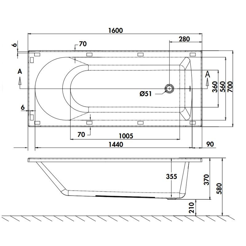 Baignoire REUSE cleargreen 1600x700 mm - 136 litres - Aquatop