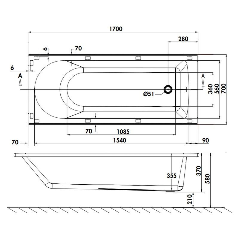 Baignoire REUSE cleargreen 1700 x 700 mm - 147 litres - Aquatop