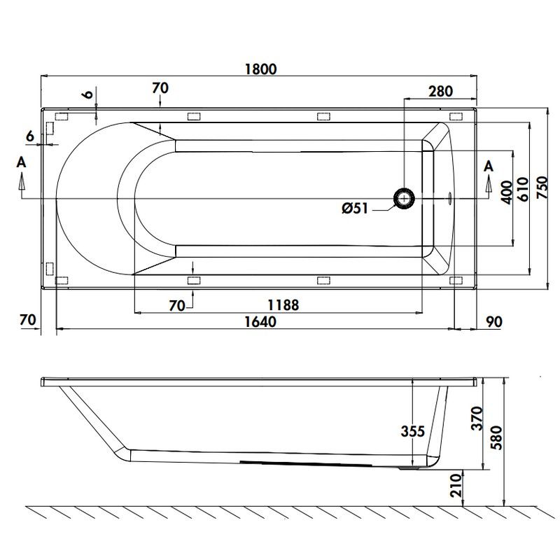 Baignoire REUSE cleargreen 1800x750 mm - 168 litres - Aquatop
