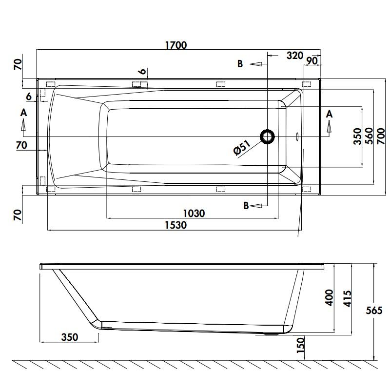 Baignoire SUSTAIN cleargreen 1700x700 mm - 178 litres - Aquatop