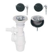 Siphon réglable et bondes à bouchon Ø60 pour évier 2 bacs communicants - Wirquin Pro