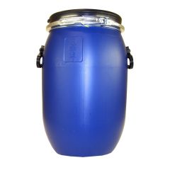 Fût alimentaire 30 litres bleu avec couvercle, cerclage métallique et poignées