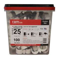 Seau de 100 RAMCLIP blanc double Ø25/26 pour fixer les gaines souples - Ram