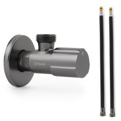 Robinet ACS NOIR ACIER - M 1/2"/M 1/2" + 2 Flexibles 500mm NOIR POLYMÈRE  Øintér.8mm - F 1/2" M10X1 - Tucai