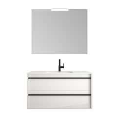 Meuble de salle de bain ATTILA 1000 Laque blanc haute brillance avec lavabo, miroir et applique - Salgar