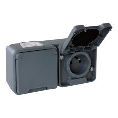 Double Prise horizontale 2P+T complet - IP44 - OXXO Gris - Eur'Ohm