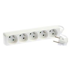 Bloc de 5 prises 2P+T sans interrupteur - câble 3G1,5 mm² - 1,5 m - blanc - Eur'Ohm