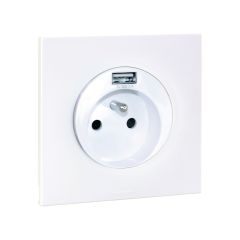 Prise 2P+T 16 A + USB 2,1 A type A complet avec griffes et plaque - SQUARE EASY blanc - Eur'Ohm