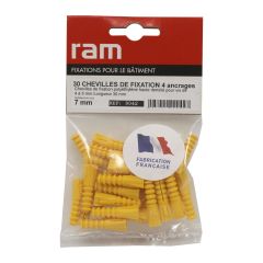 Sachet de 30 chevilles R7 jaune multimatériaux sans collerette - Ø7 mm - Longueur 30 mm - RAM