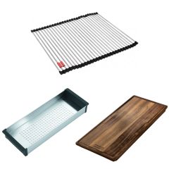 Set accessoires cuves Box Inox : Rollmat + Panier égouttoir + planche à découper en bois - Franke