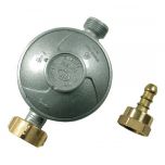 Détendeur butane NF GAZ à sécurité (excès de débit) 1,3kg/h 28mb écrou bouteille / mâle 20x150 + raccord tétine - Favex